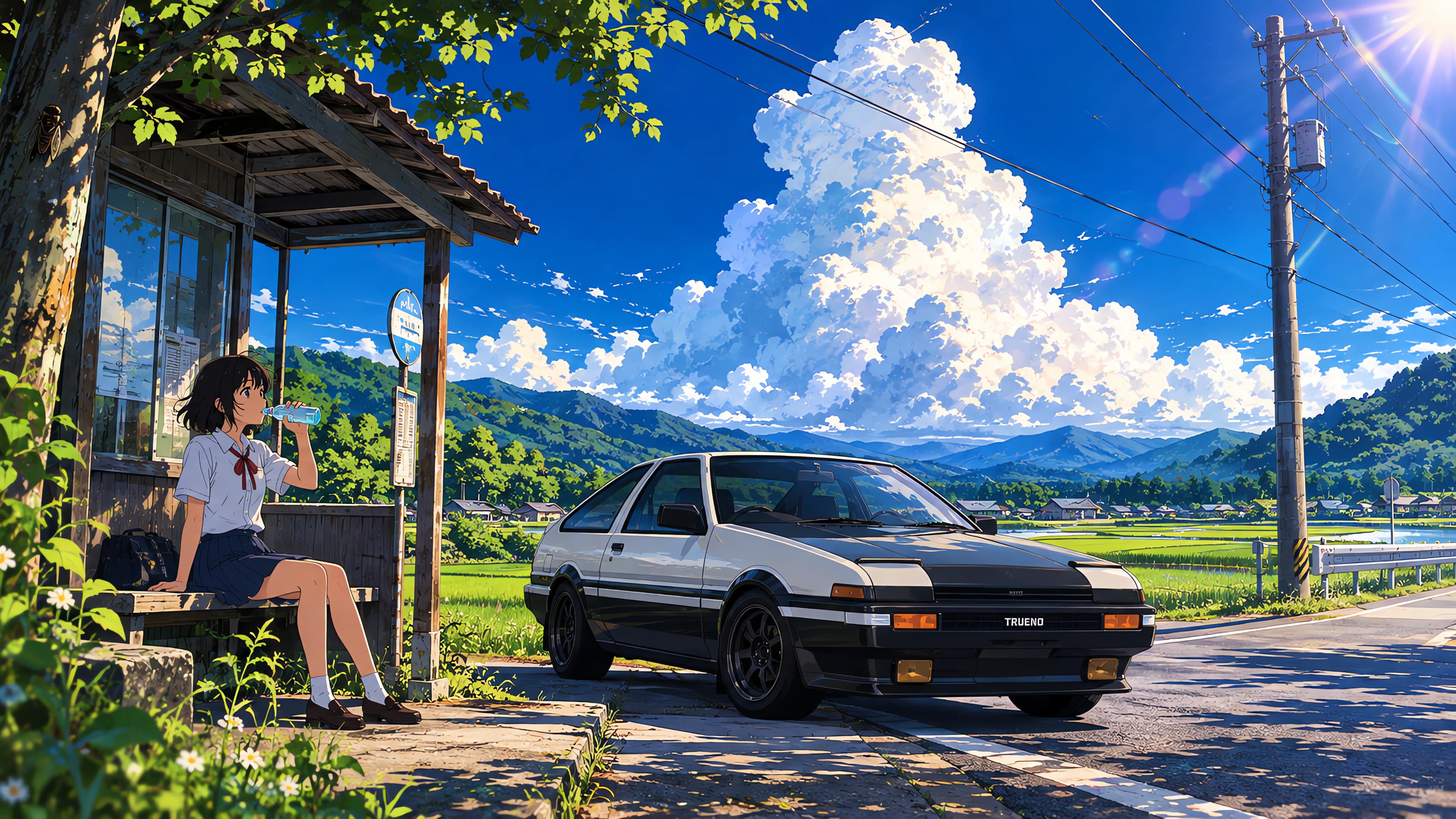 Anime desktop wallpaper of a schoolgirl drinking at a rural bus stop beside a white-and-black Toyota AE86 Trueno
