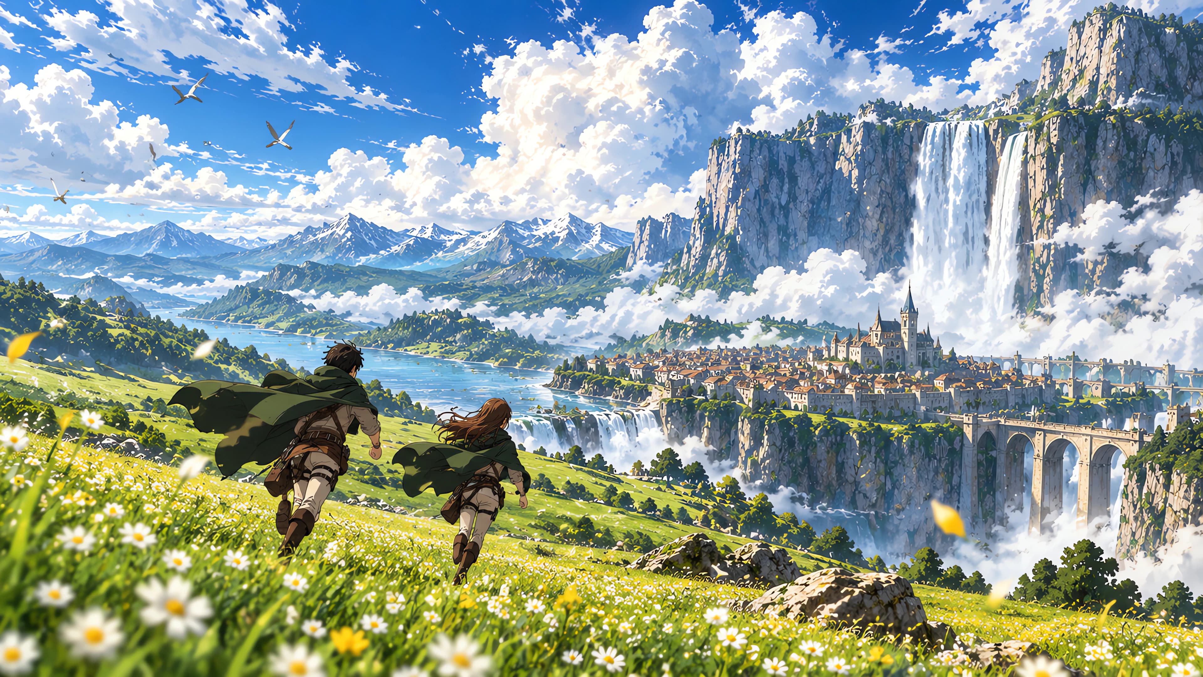 Anime desktop wallpaper of two cloaked travellers running through a daisy meadow toward twin waterfalls and a town