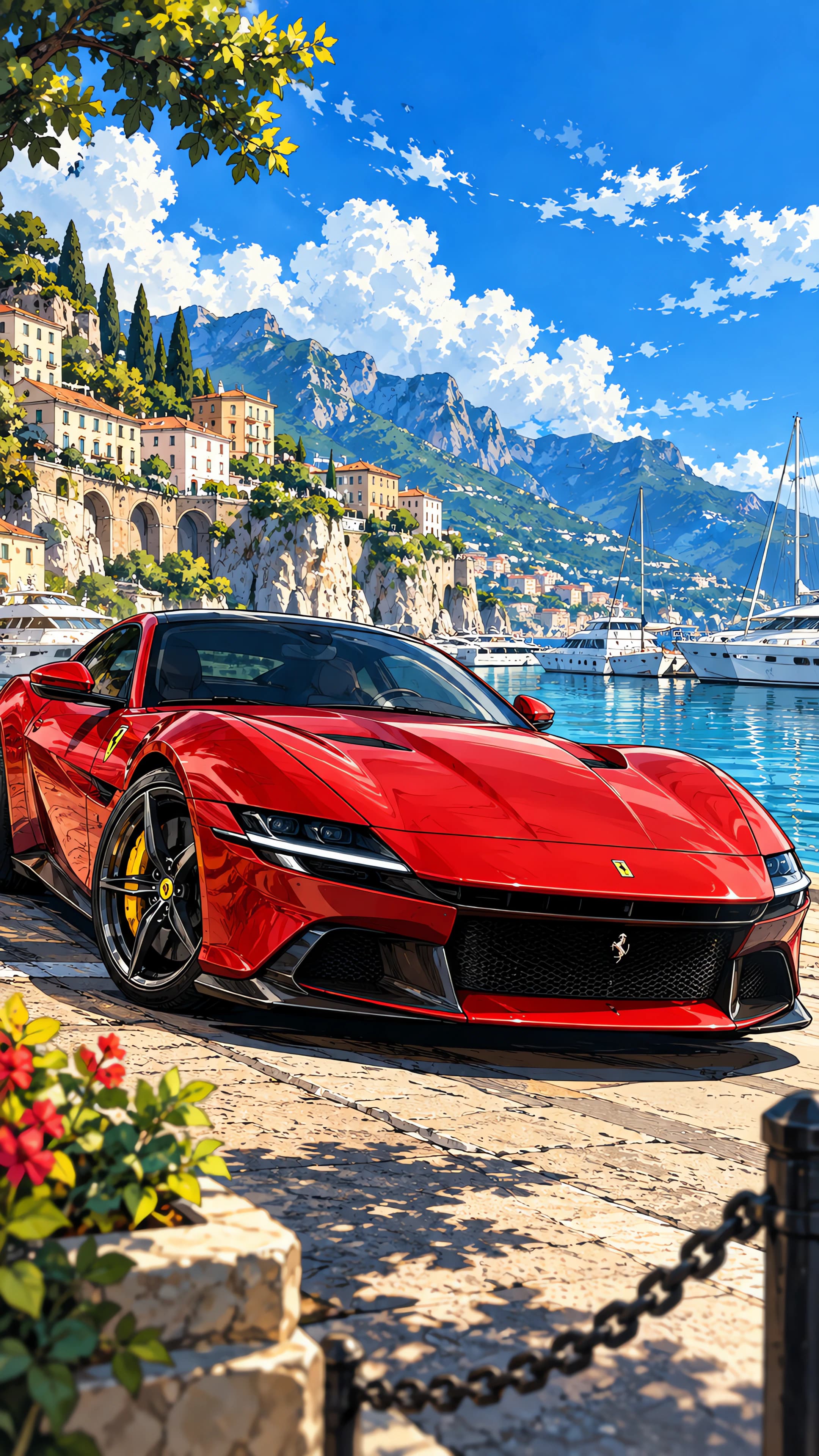 Anime phone wallpaper of a red Ferrari 12Cilindri parked on a sunny marina quay with yachts and a cliffside town