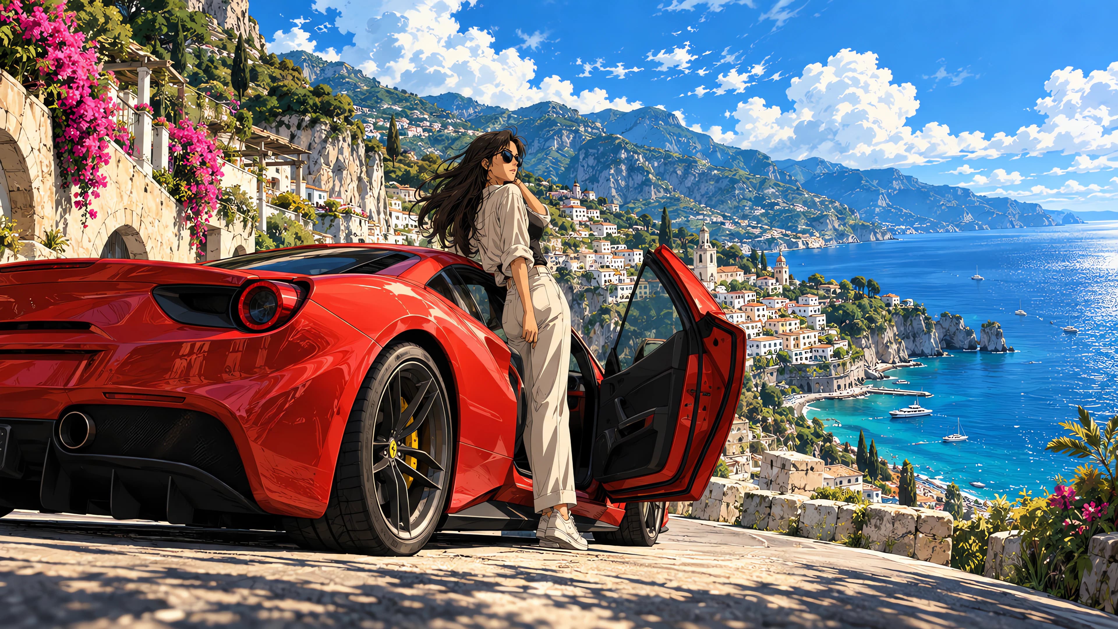 Anime desktop wallpaper of a red Ferrari 488 on a sunlit cliffside seaside road, a woman in sunglasses beside the open door