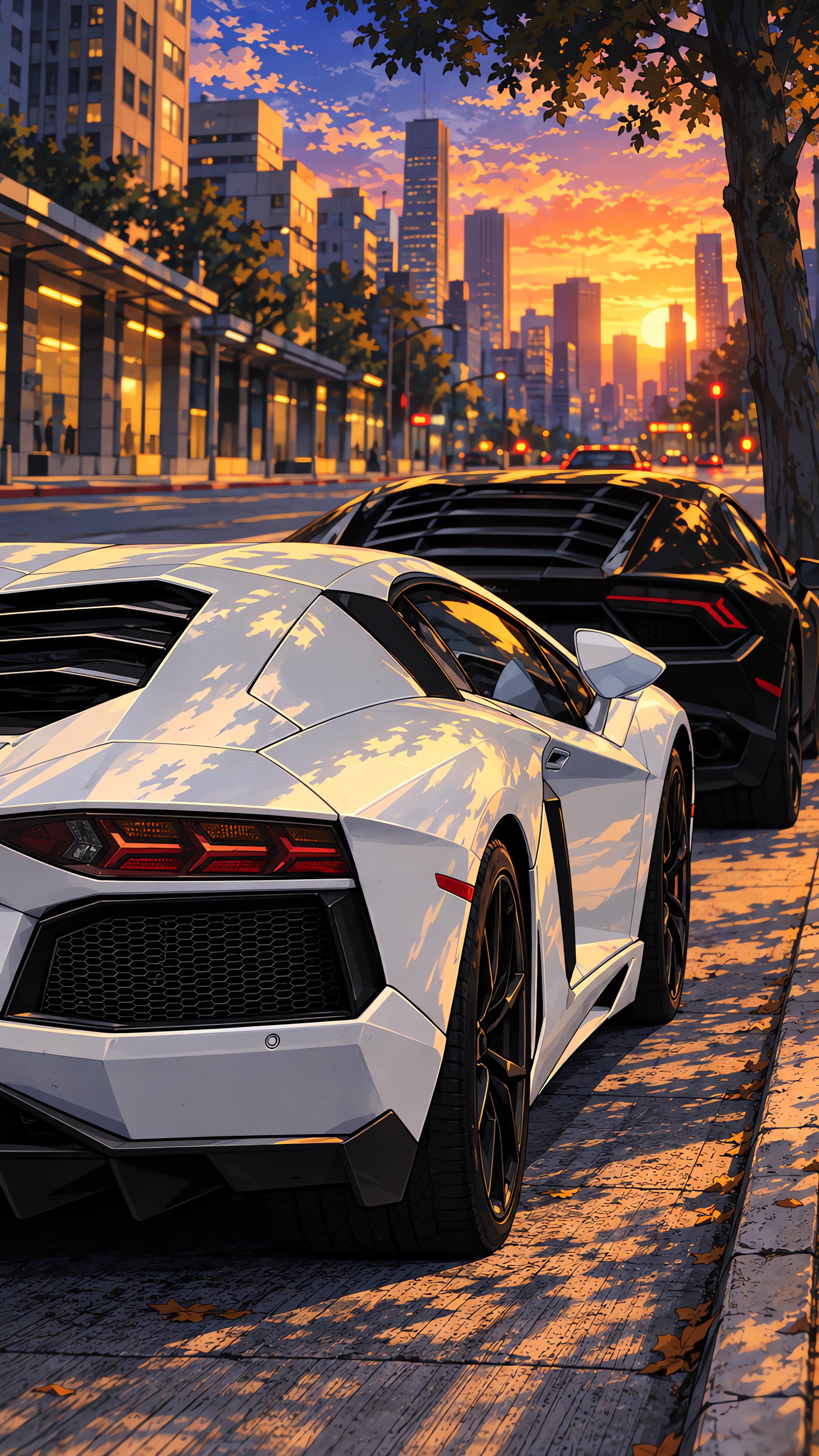 Anime phone wallpaper of a white Lamborghini Aventador on a golden-hour city street, with autumn leaves on the paint