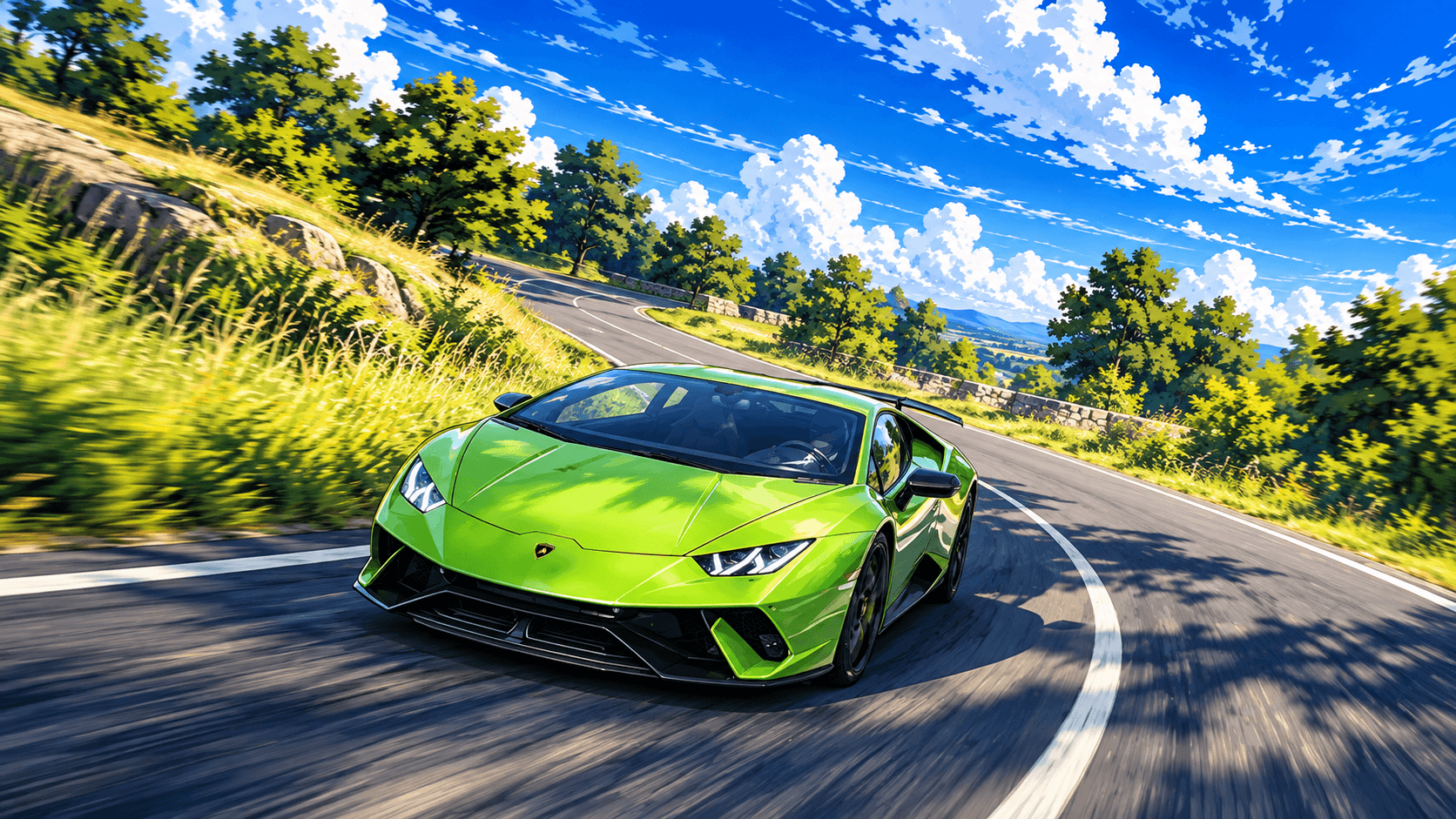 Anime illustration of a green Lamborghini Huracan on a winding mountain road with trees, fields, and a lake