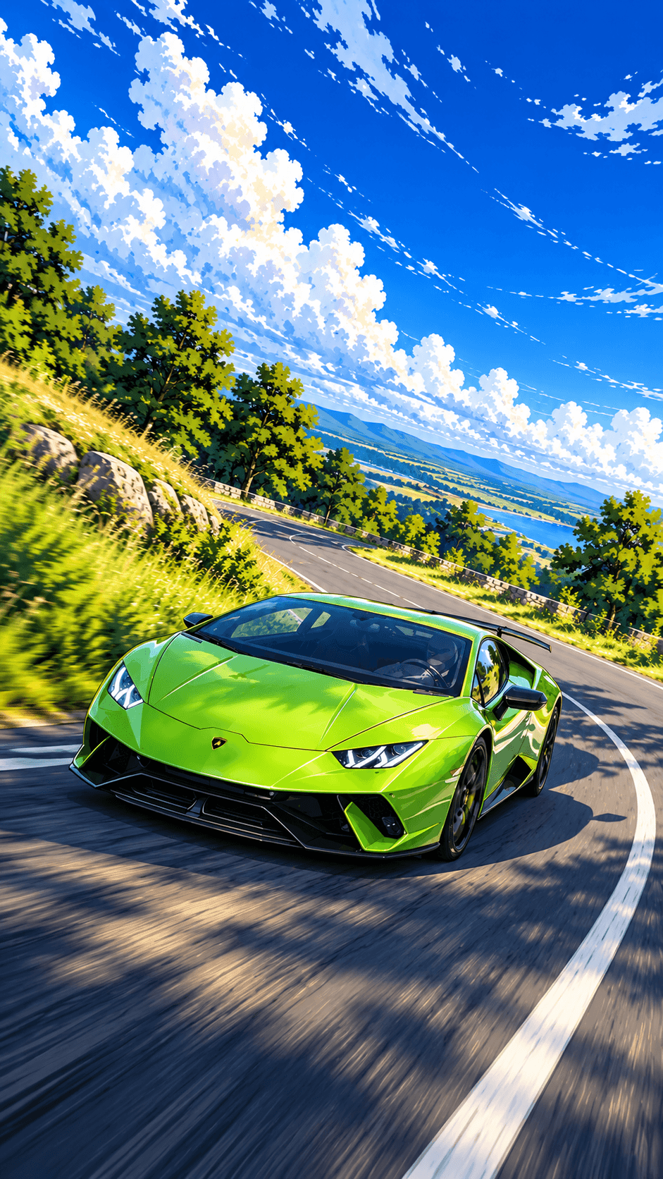 Vertical anime illustration of a green Lamborghini Huracan cornering on a mountain road under a bright sky