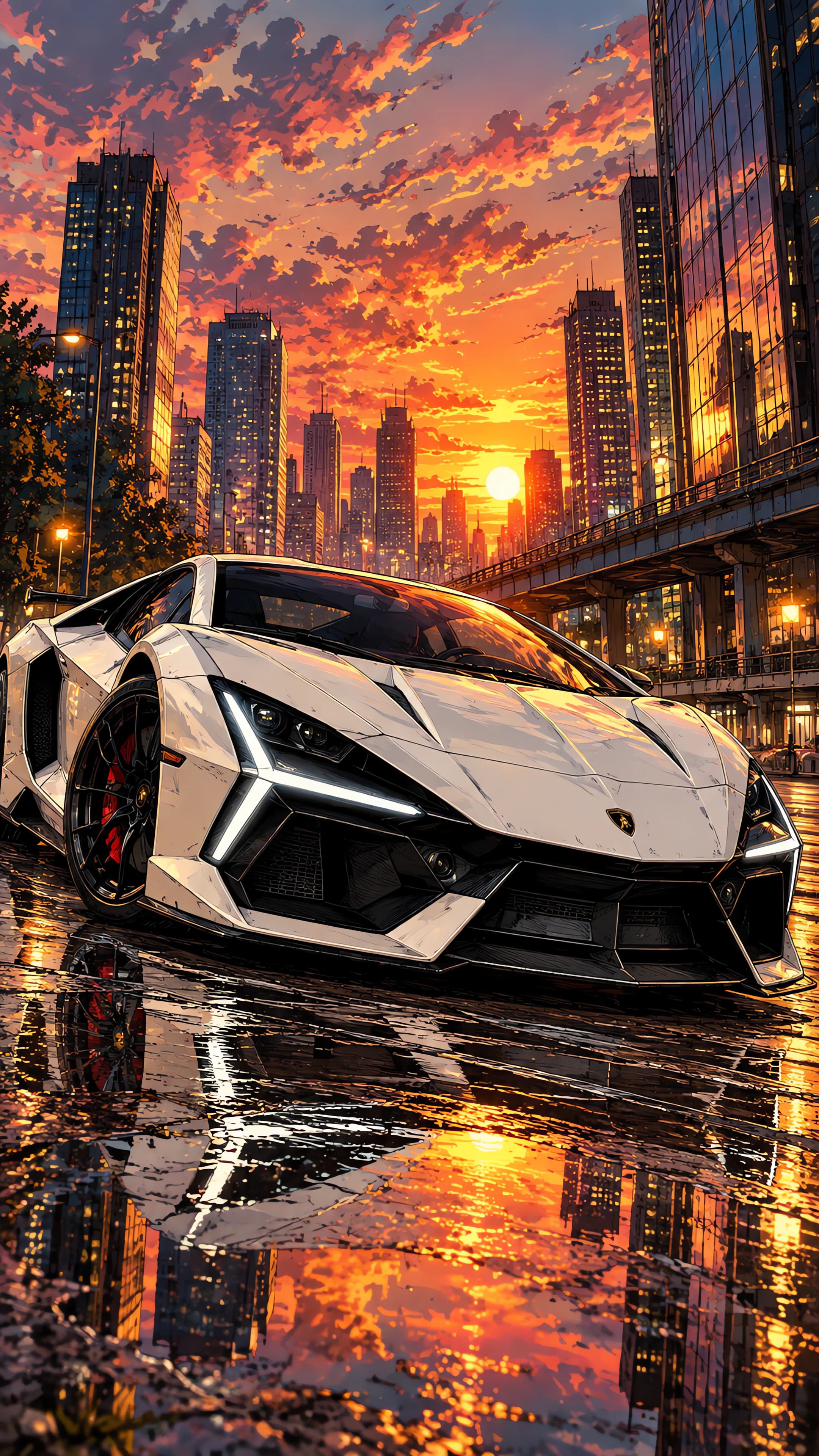 Anime phone wallpaper of a pearl white Lamborghini Revuelto on a rain-wet downtown street at golden hour