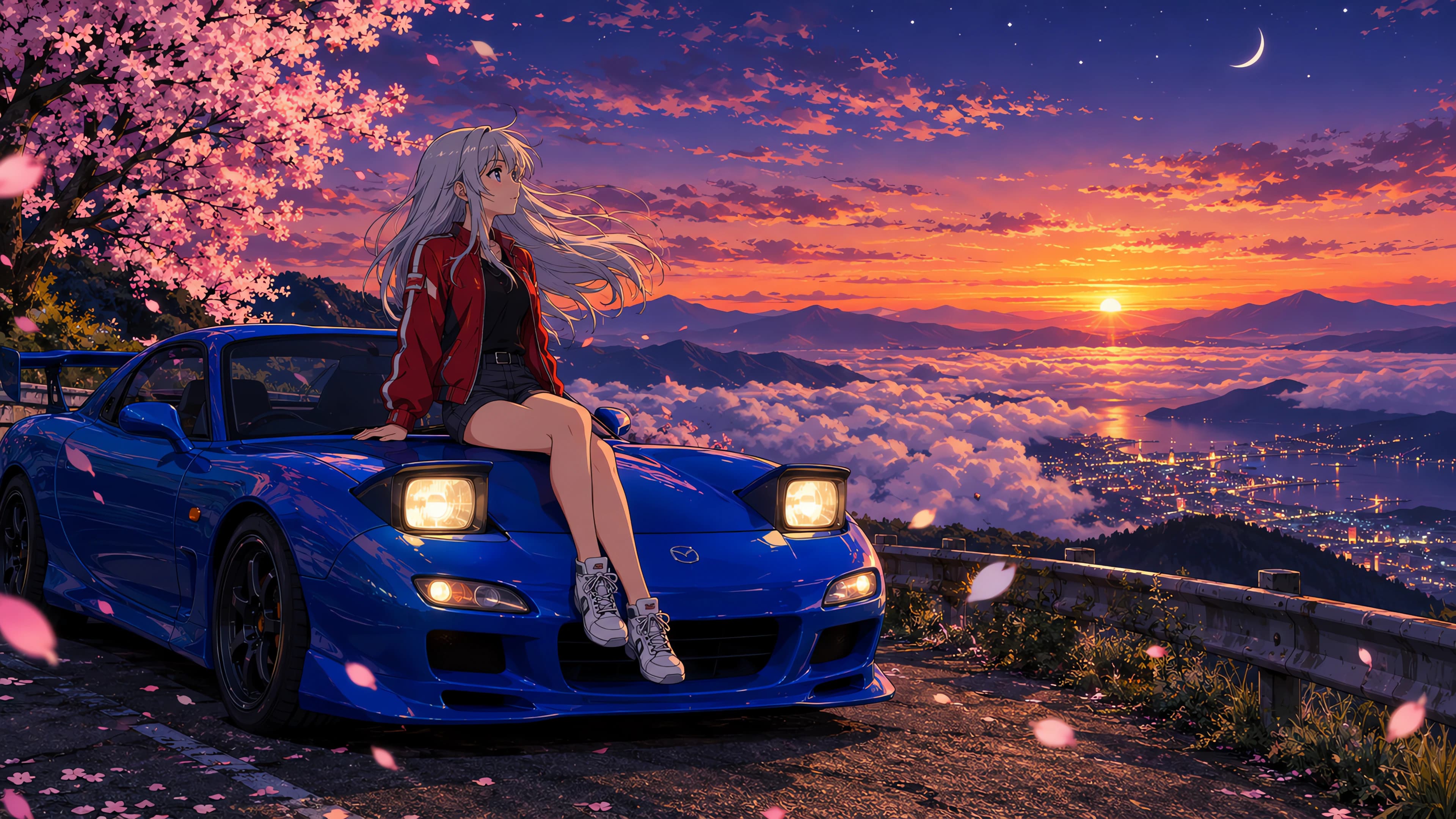 Anime desktop wallpaper of a silver-haired girl in a red jacket sitting on a blue Mazda RX-7 at a mountain summit at sunset
