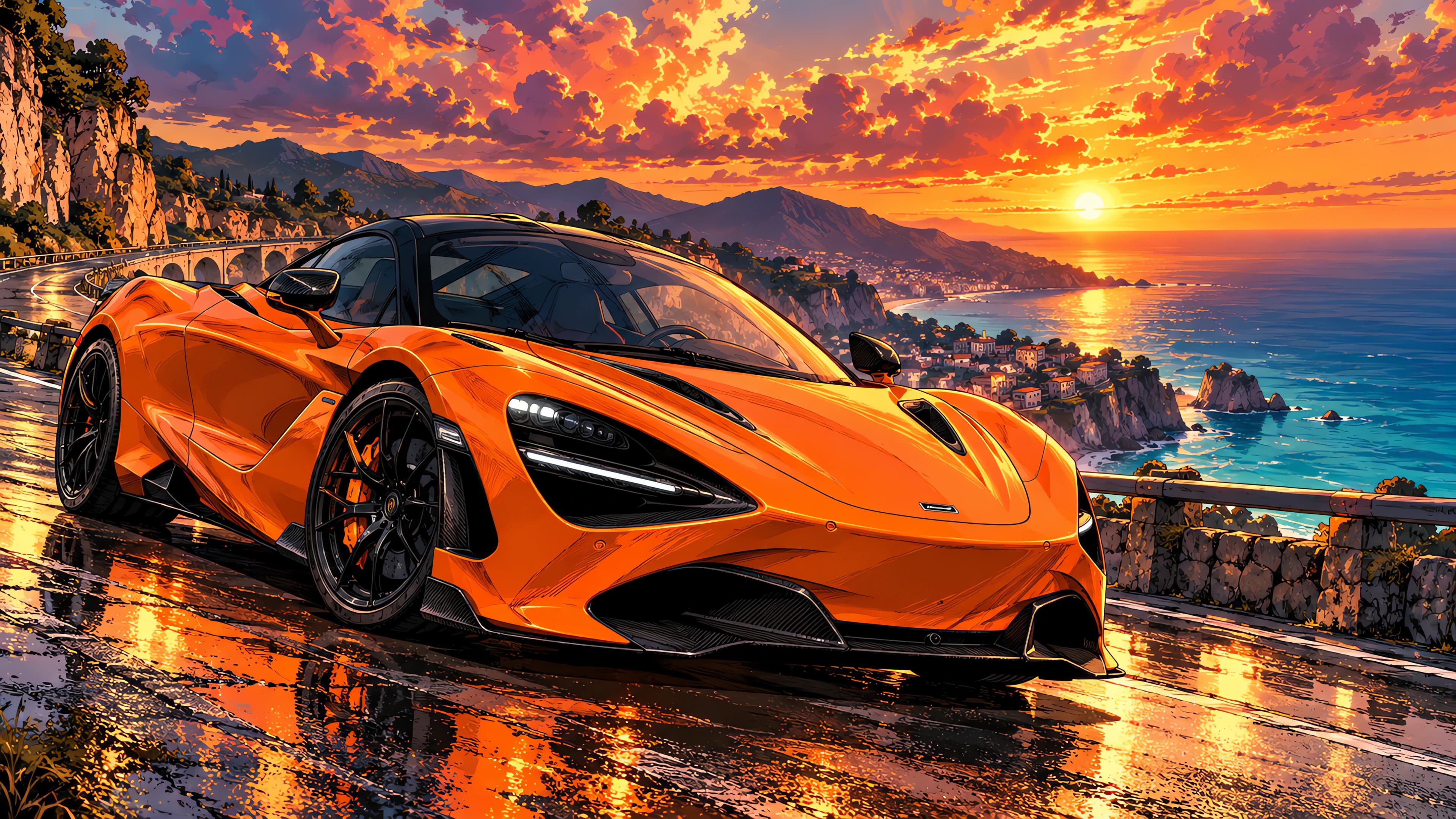 Anime desktop wallpaper of a papaya orange McLaren 750S on a wet coastal cliff road at sunset beside a stone wall