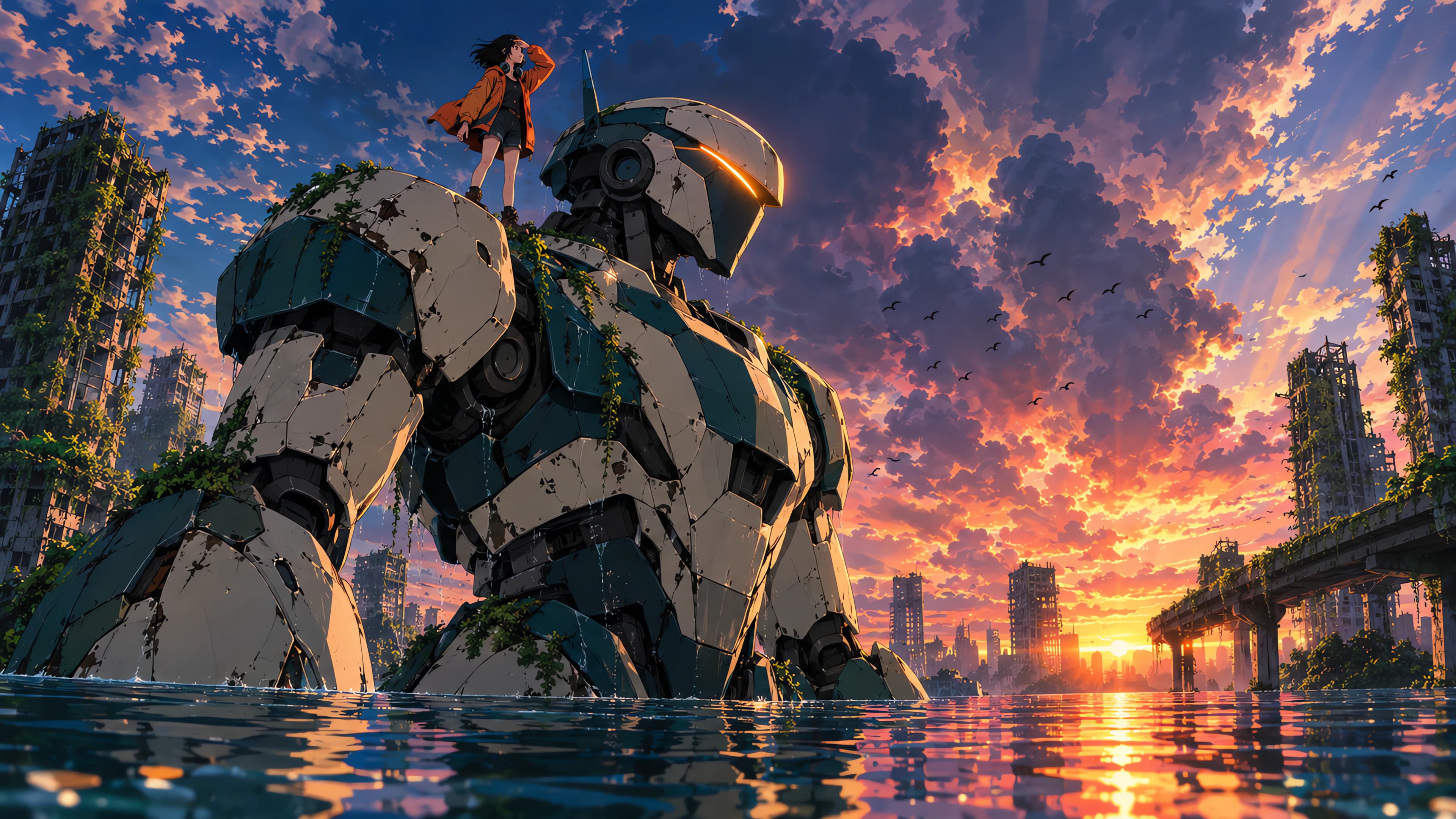 Anime desktop wallpaper of an ivory and teal robot kneeling in a flooded ruined city at sunset, a girl on its shoulder