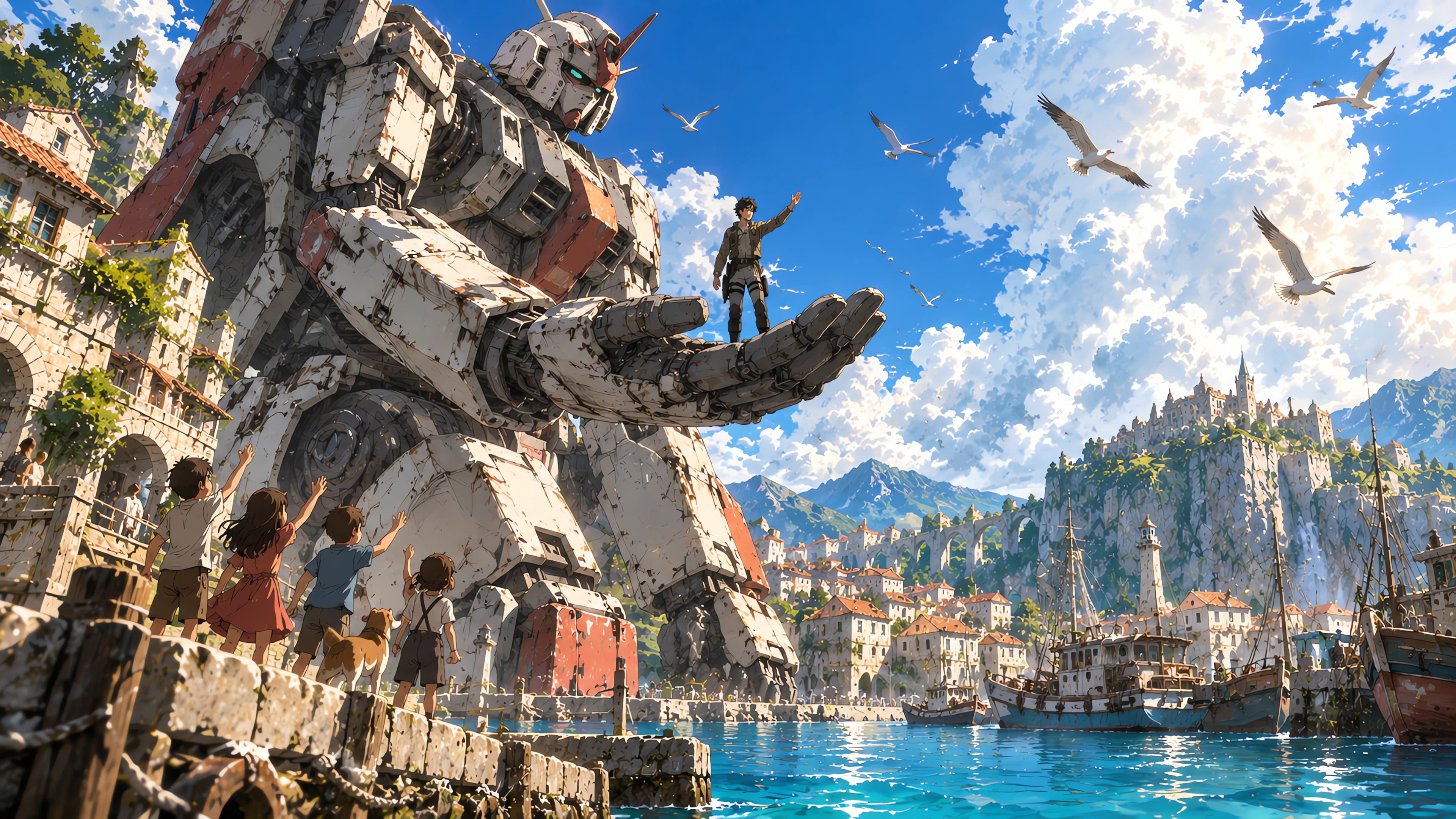Anime desktop wallpaper of a white and red mecha kneeling in a harbour town, its pilot waving from an open palm