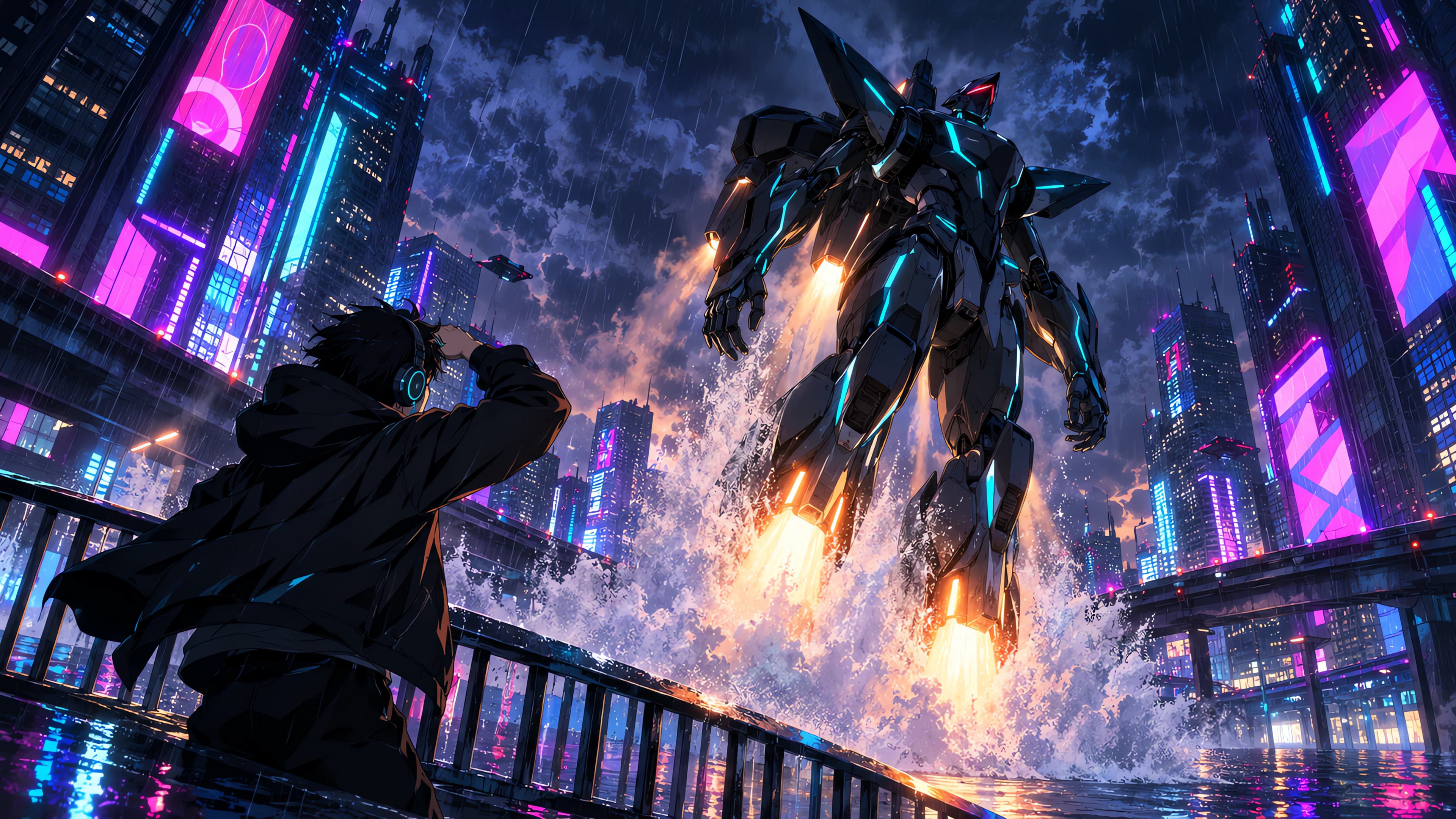 Anime desktop wallpaper of a black robot launching through a neon Tokyo-style city at night in heavy rain, a man on a bridge