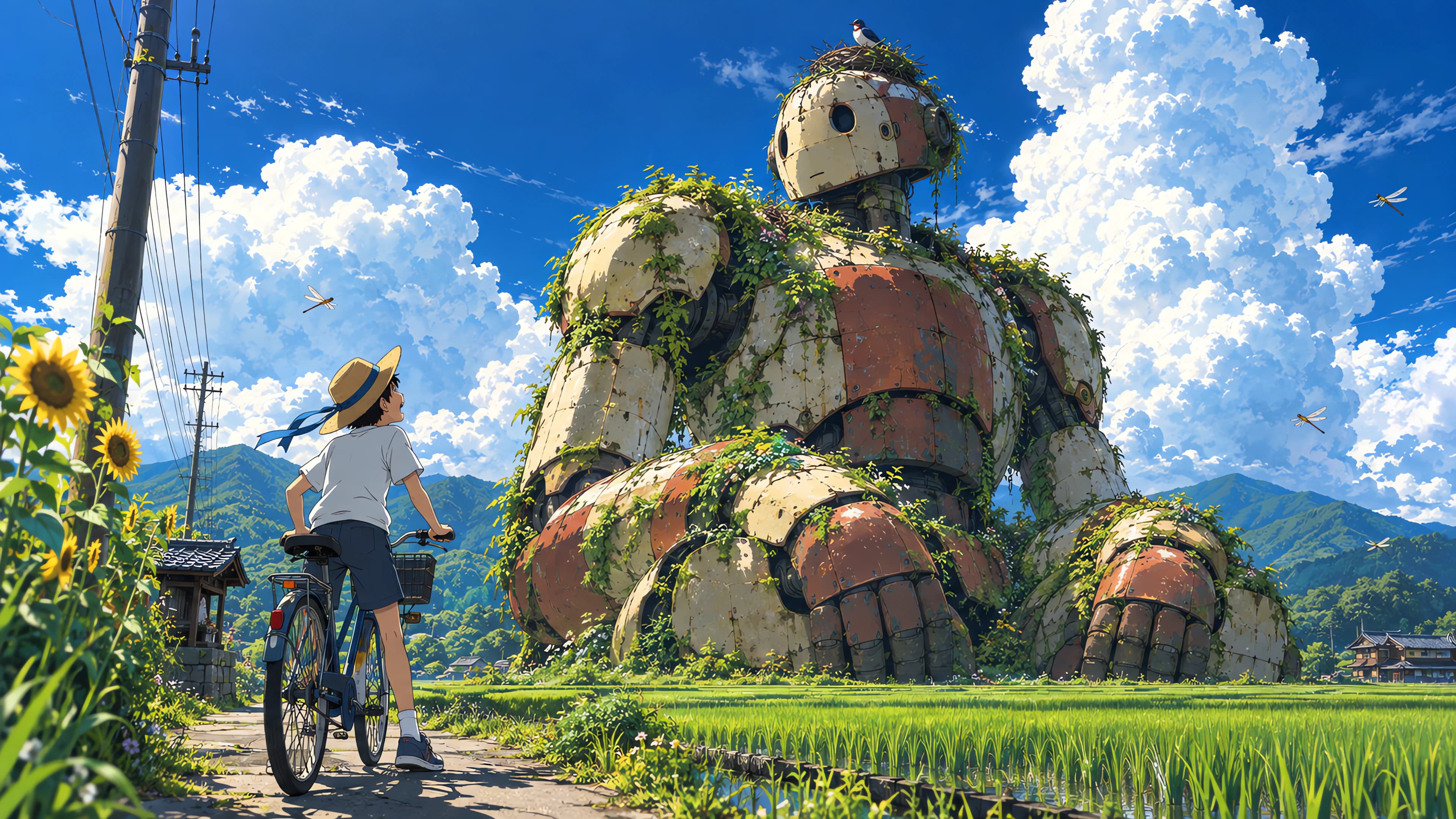 Anime desktop wallpaper of a mossy cream and red robot sitting in summer rice fields, a boy on a bicycle