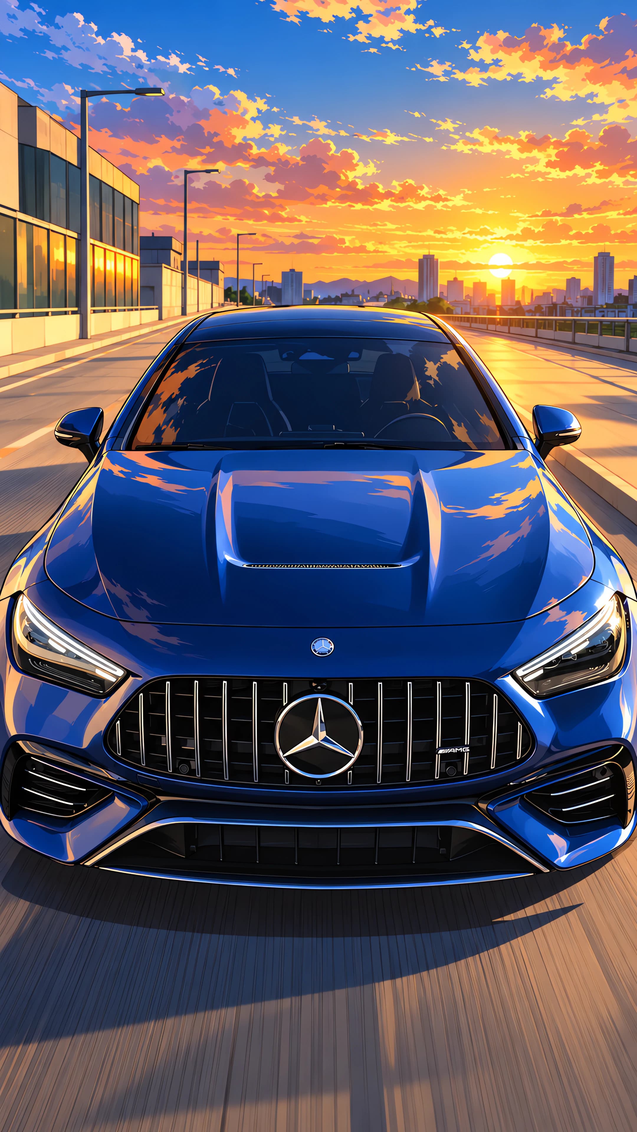 Anime phone wallpaper of a deep blue Mercedes-AMG coupe driving toward the camera on an empty elevated city road at sunset