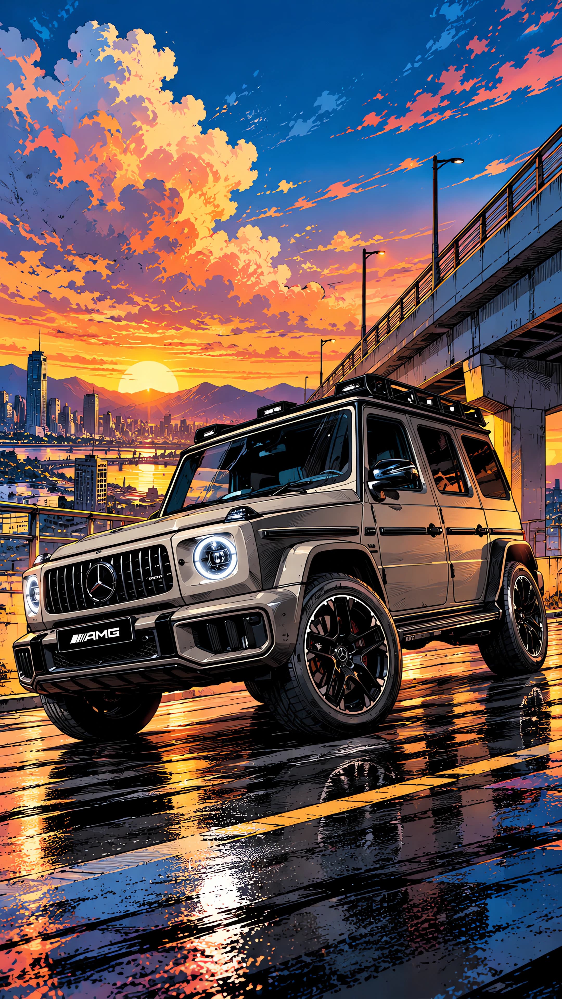 Anime phone wallpaper of a grey Mercedes-AMG G63 parked on a wet elevated road under a concrete overpass at sunset