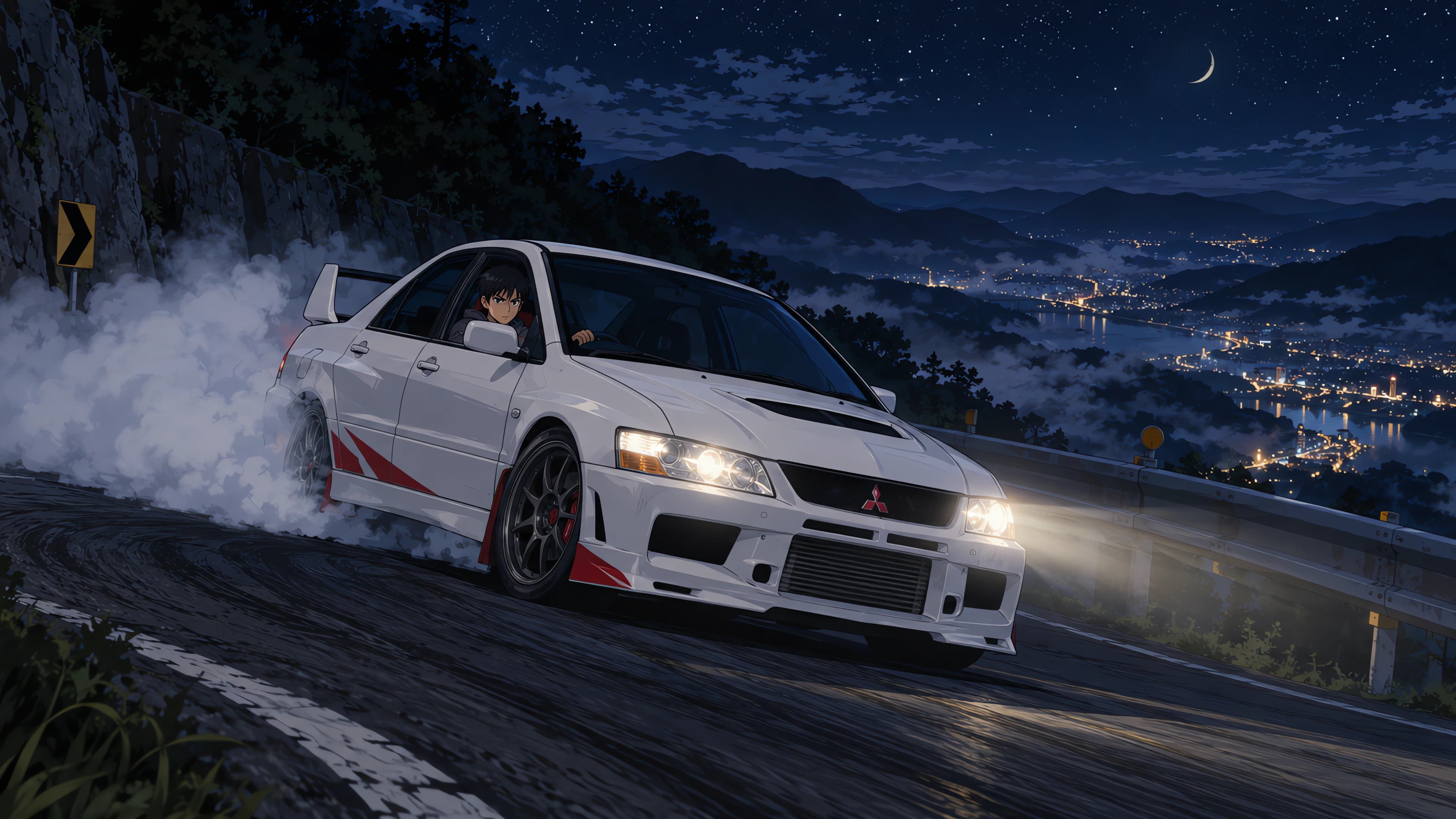 Anime desktop wallpaper of a white Mitsubishi Lancer Evolution IX drifting a mountain hairpin at night with tyre smoke