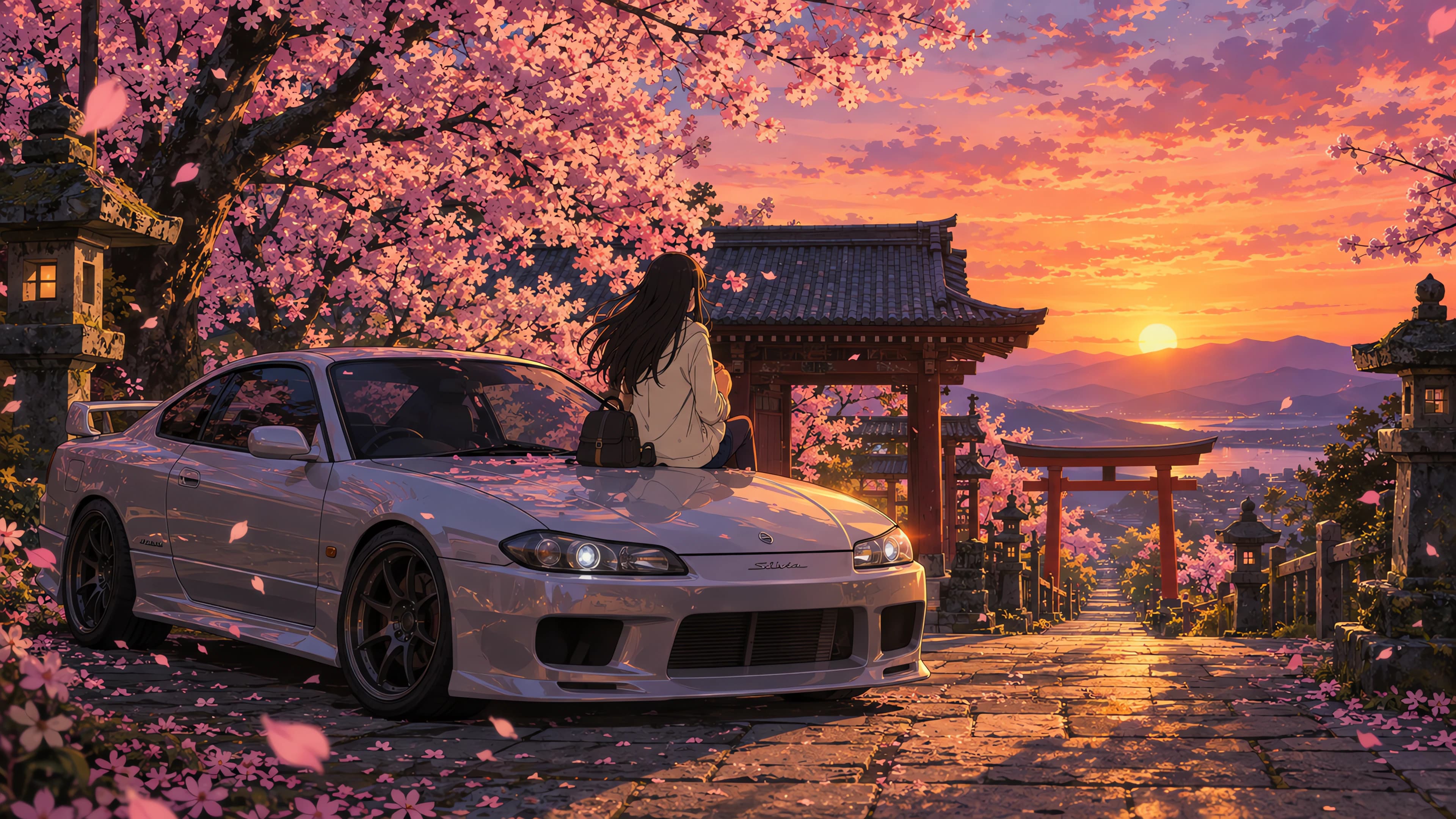 Anime desktop wallpaper of a young woman sitting on a silver Nissan Silvia S15 under cherry blossoms at a temple at sunset