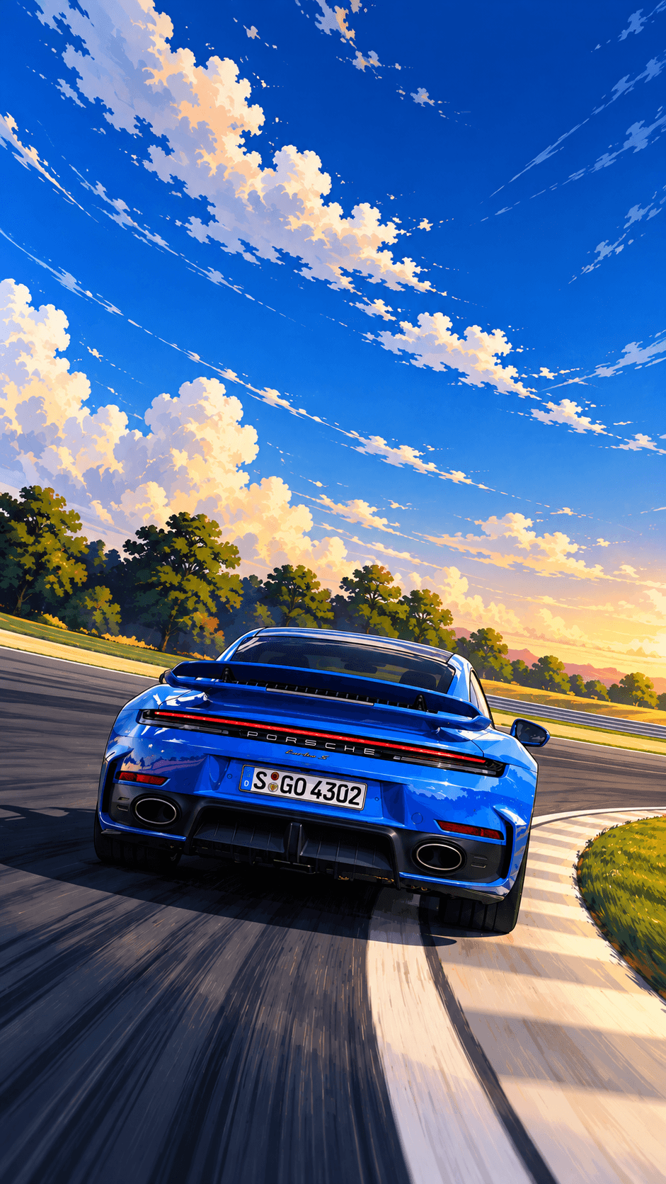 Vertical anime illustration of a blue Porsche 911 Turbo from behind on a racetrack at sunset