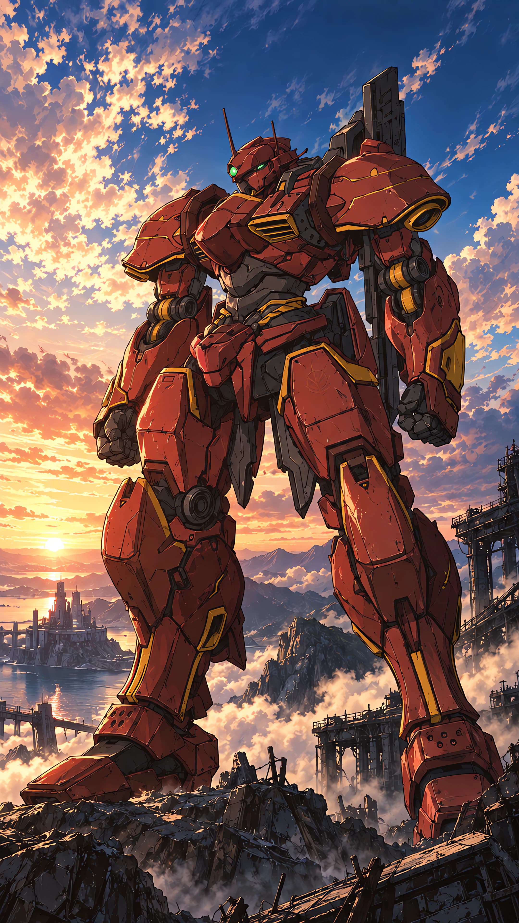 Anime phone wallpaper of a red and gold mecha with one green eye standing on rubble above sunset clouds, a rifle on its back