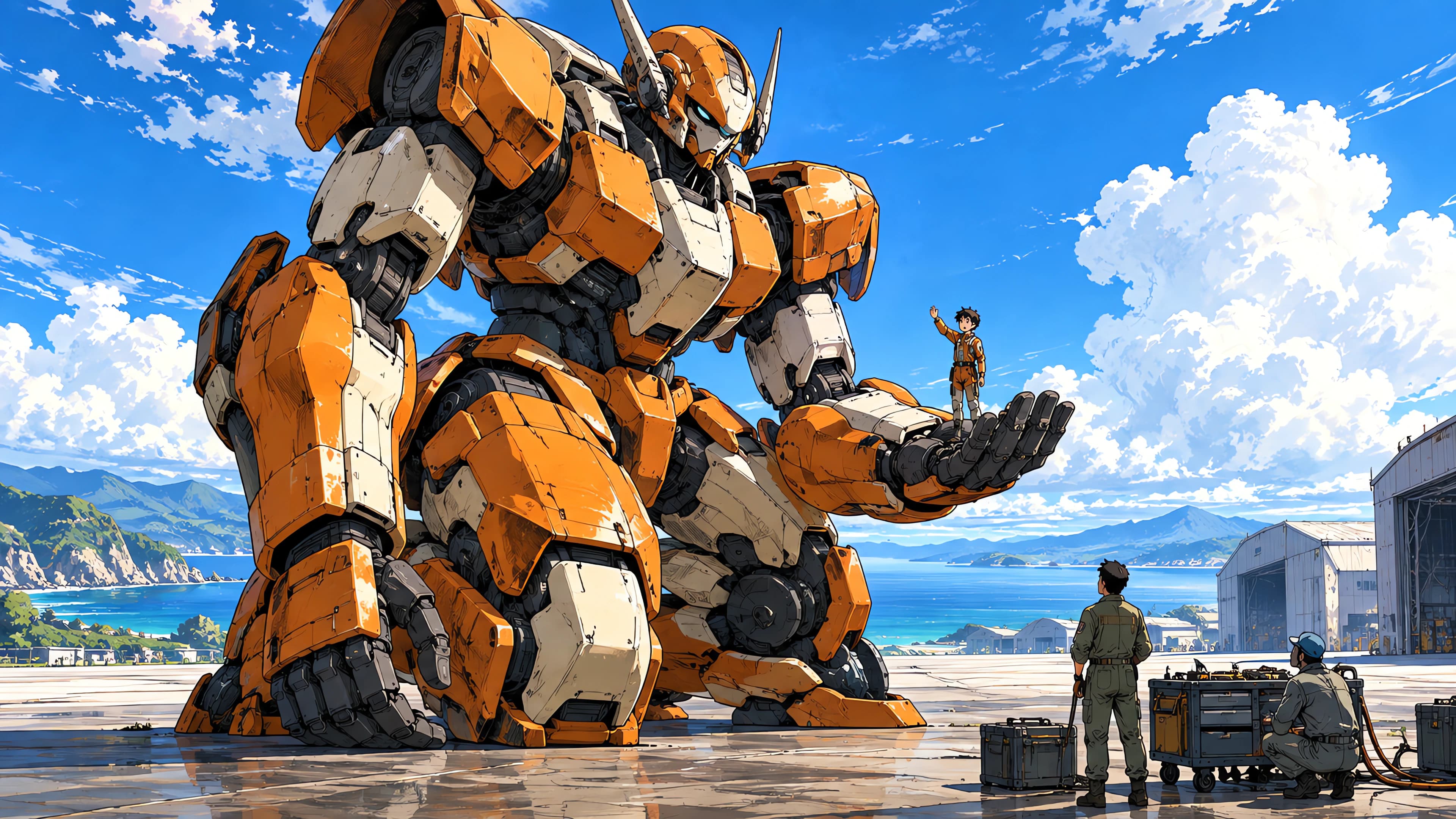 Anime desktop wallpaper of a saffron and cream mecha kneeling on a coastal airfield, a boy waving from its open palm