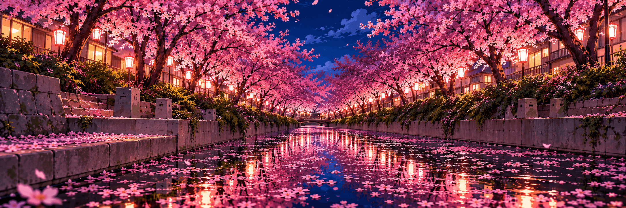 Anime night scene of a canal lined with pink cherry blossom trees, stone banks, and glowing red lanterns