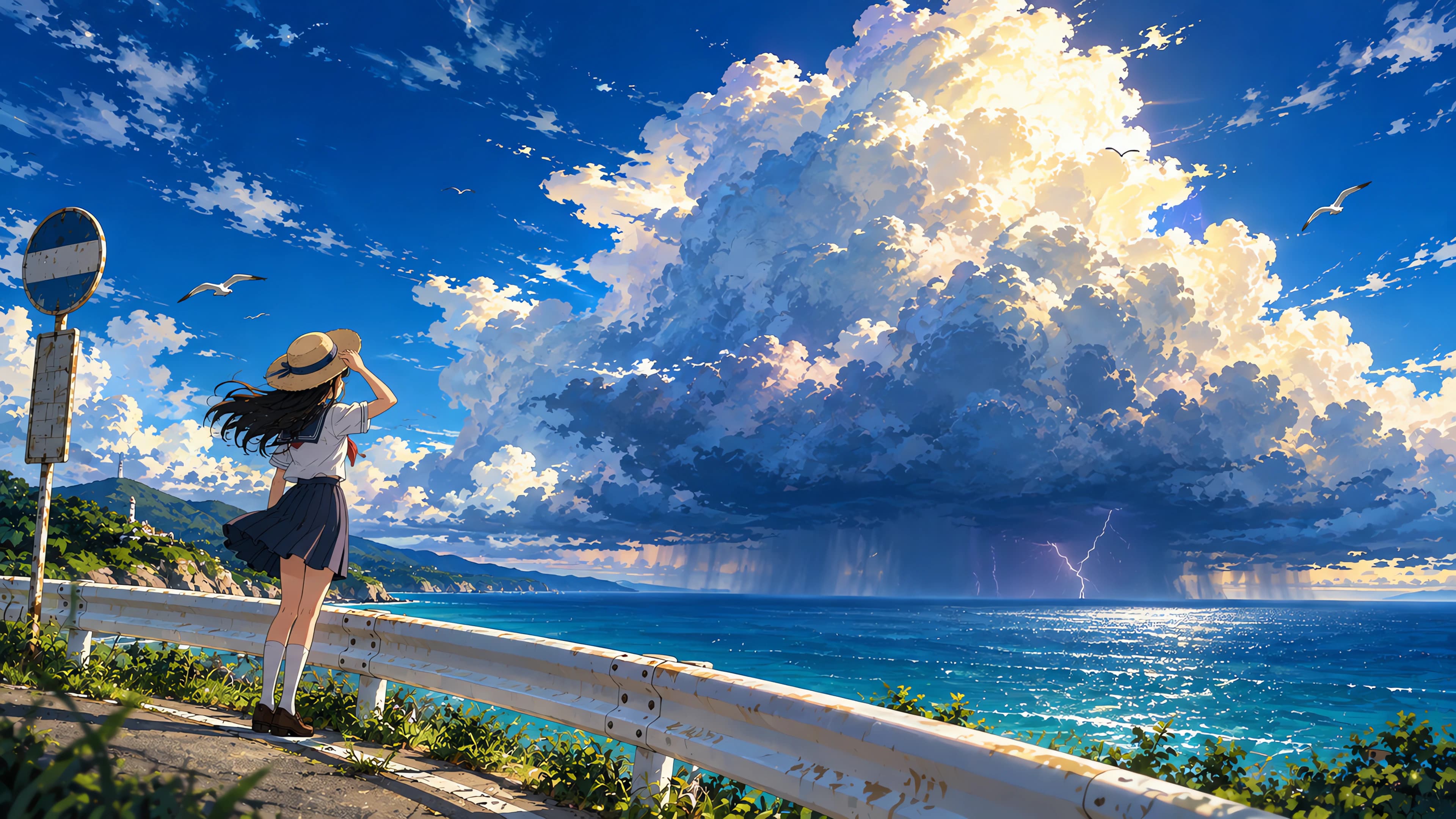 Anime desktop wallpaper of a schoolgirl holding her straw hat at a seaside guardrail under a thunderstorm