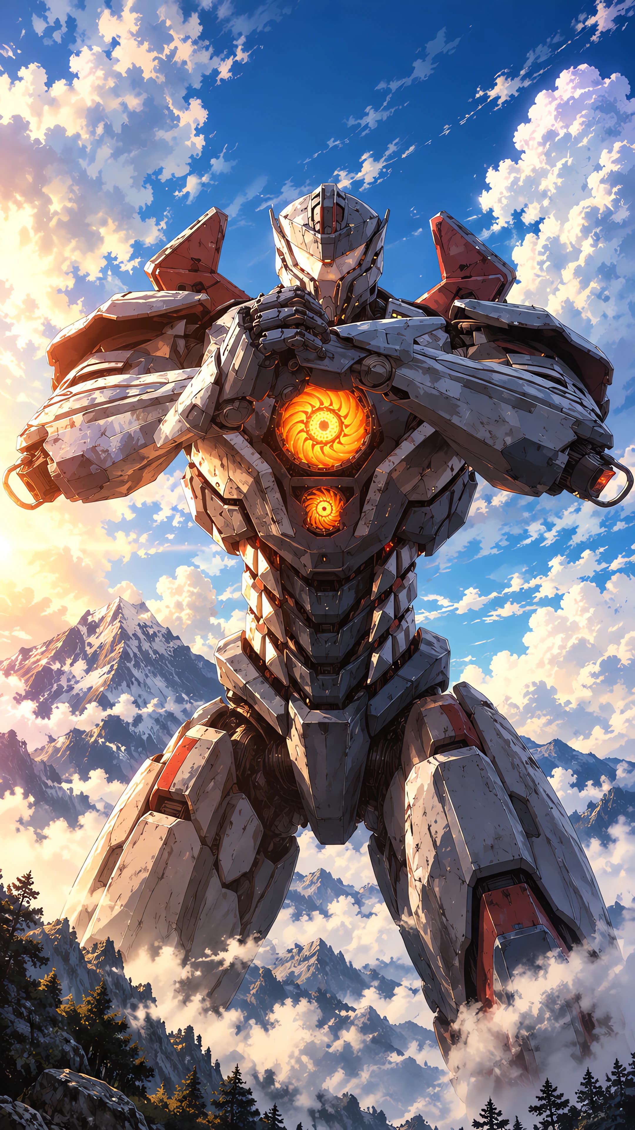 Anime phone wallpaper of a white and red mecha rising from clouds among snowy peaks, an orange core in its chest