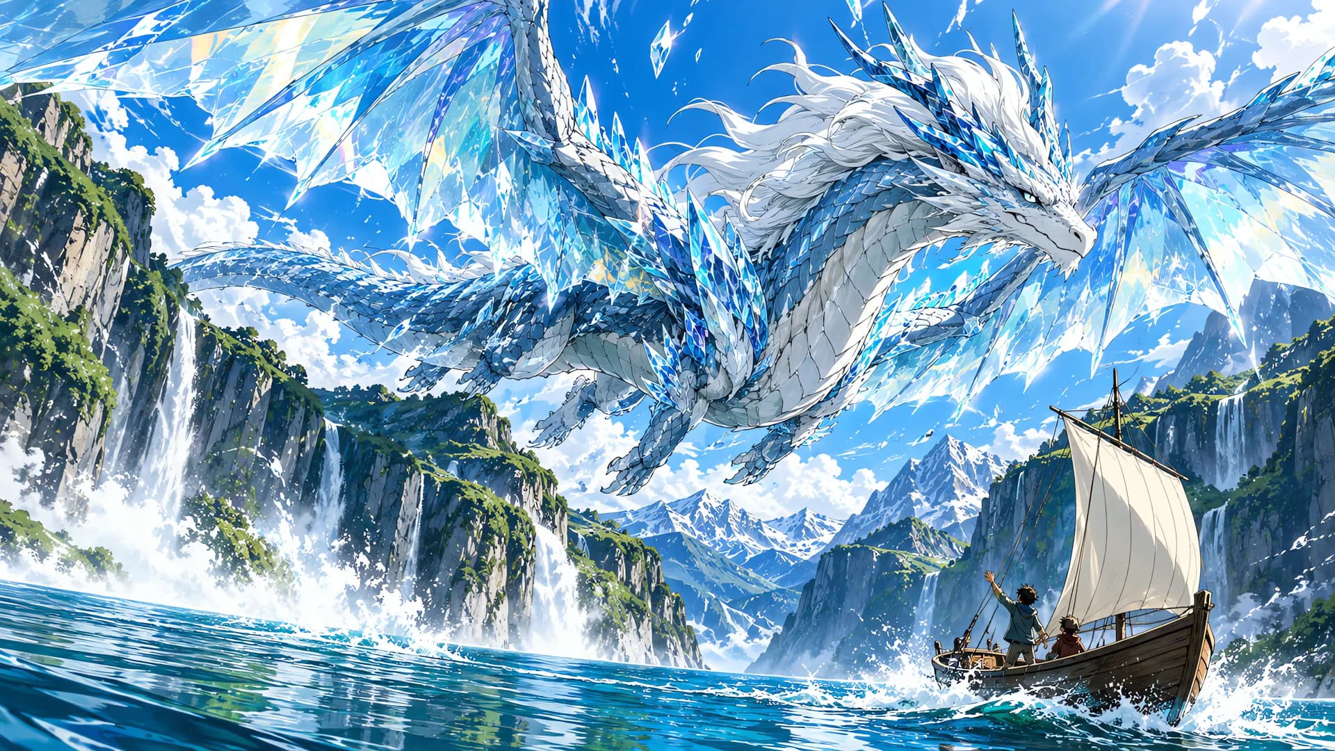 Anime illustration of a blue crystal dragon with ice wings flying over a fjord as two boys wave from a sailboat