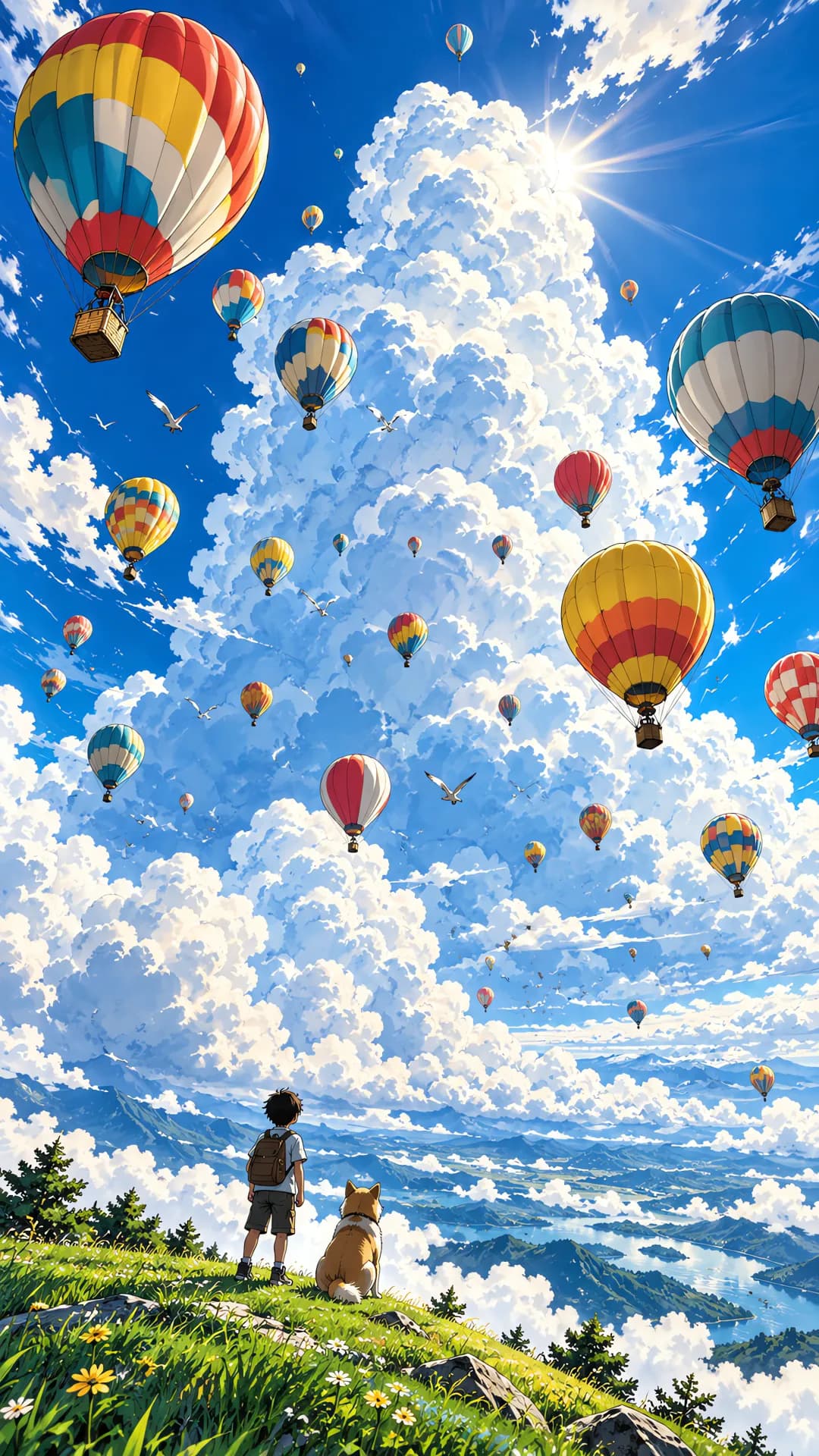 Anime illustration of colourful hot air balloons rising past a giant white cloud tower, a boy and dog watching
