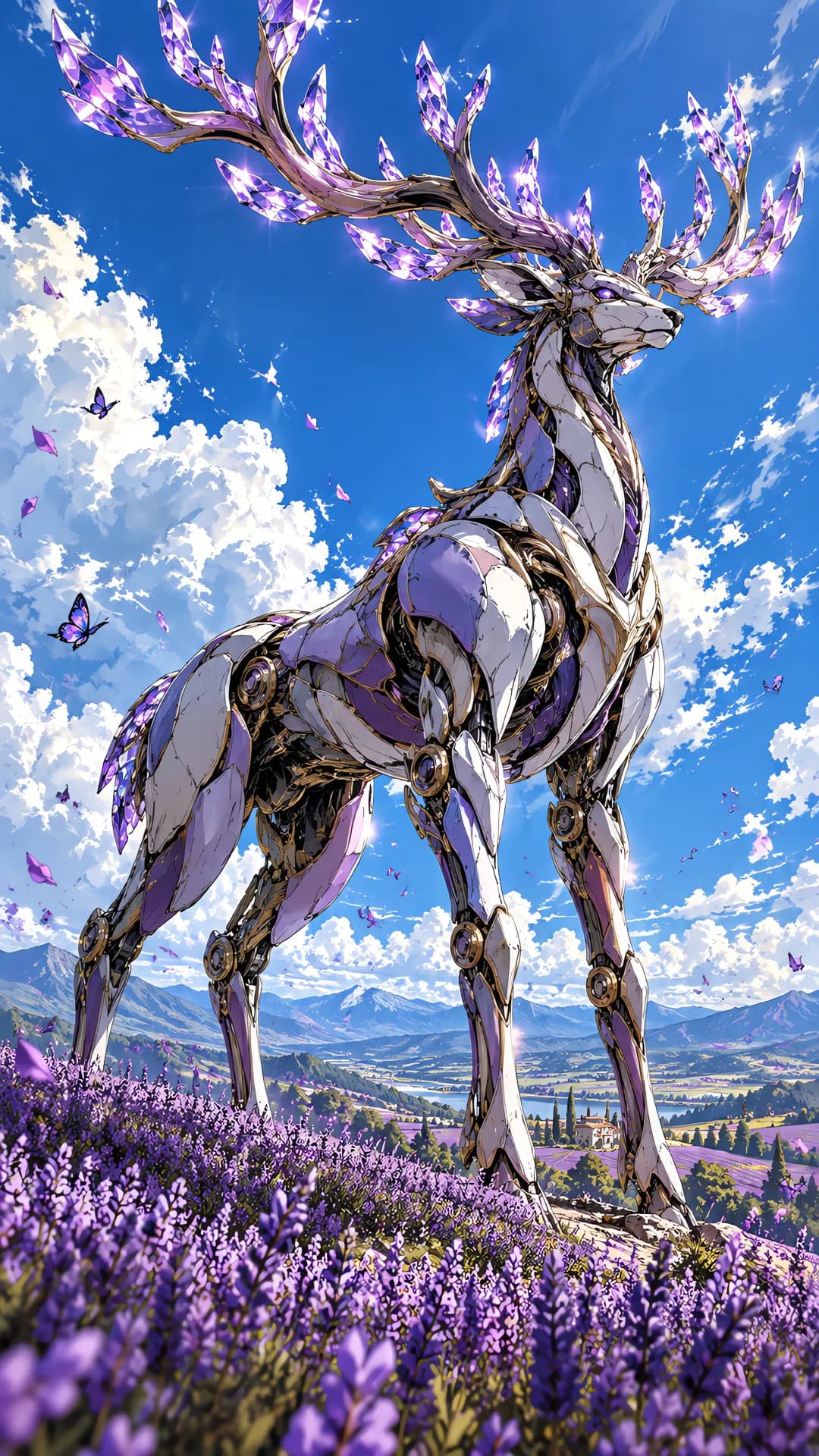 Anime illustration of a giant violet and white stag mecha with crystal antlers in a lavender field
