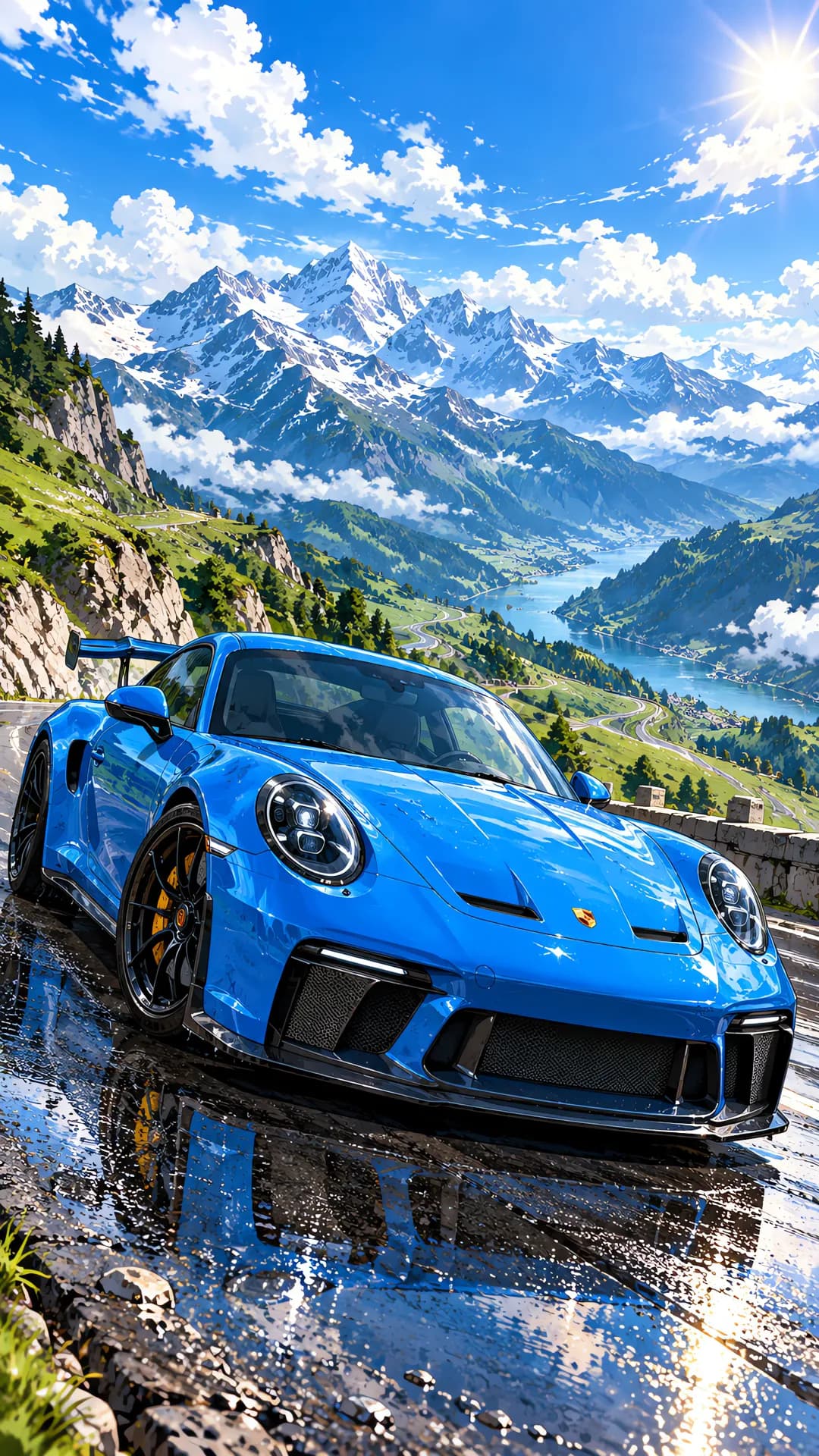 Anime illustration of a blue Porsche 911 GT3 on a wet alpine mountain road with snowy peaks