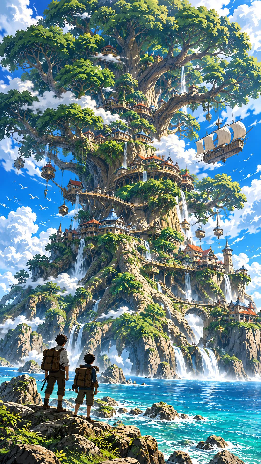 Anime illustration of a giant tree with a village built into it above waterfalls, two boys watching from the shore